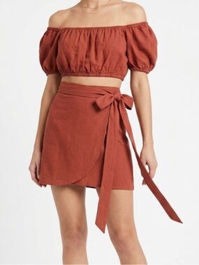 Linen Blend Wrap Mini Skirt